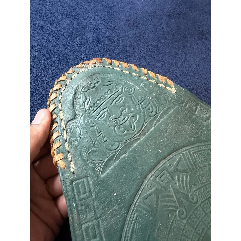 Vtg Hand Stitched Leather Tripod Seat Cover Aztec Design Genuine Leather Green